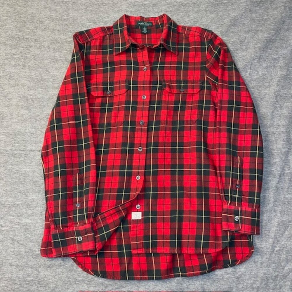 LRL Lauren Jeans Co Women's Cotton Shirt Plaid Long Sleeve Button Red Black Med